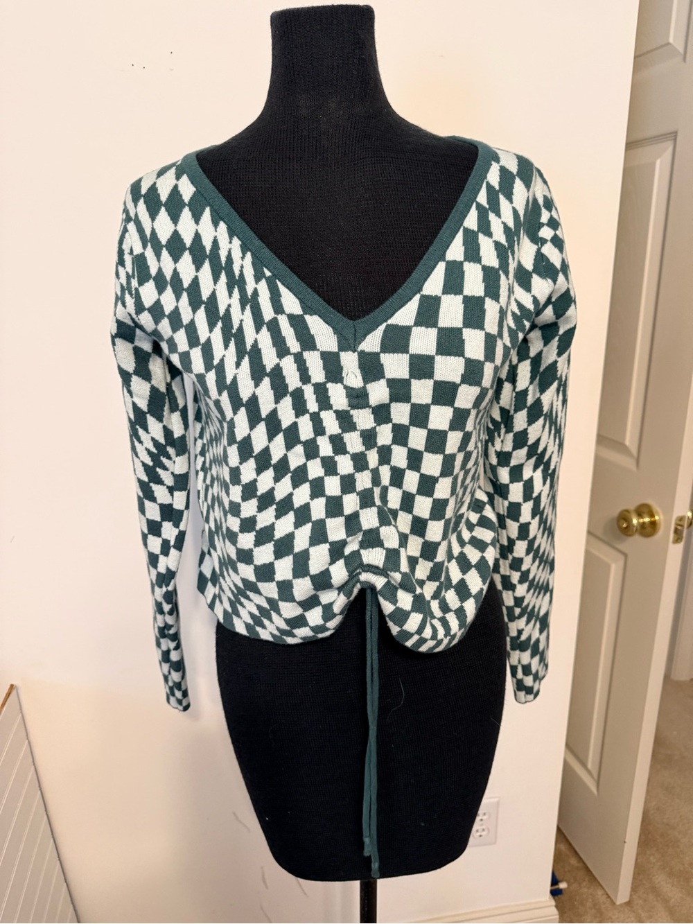 Forever 21 Teal and White Checker V-Neck Sweater